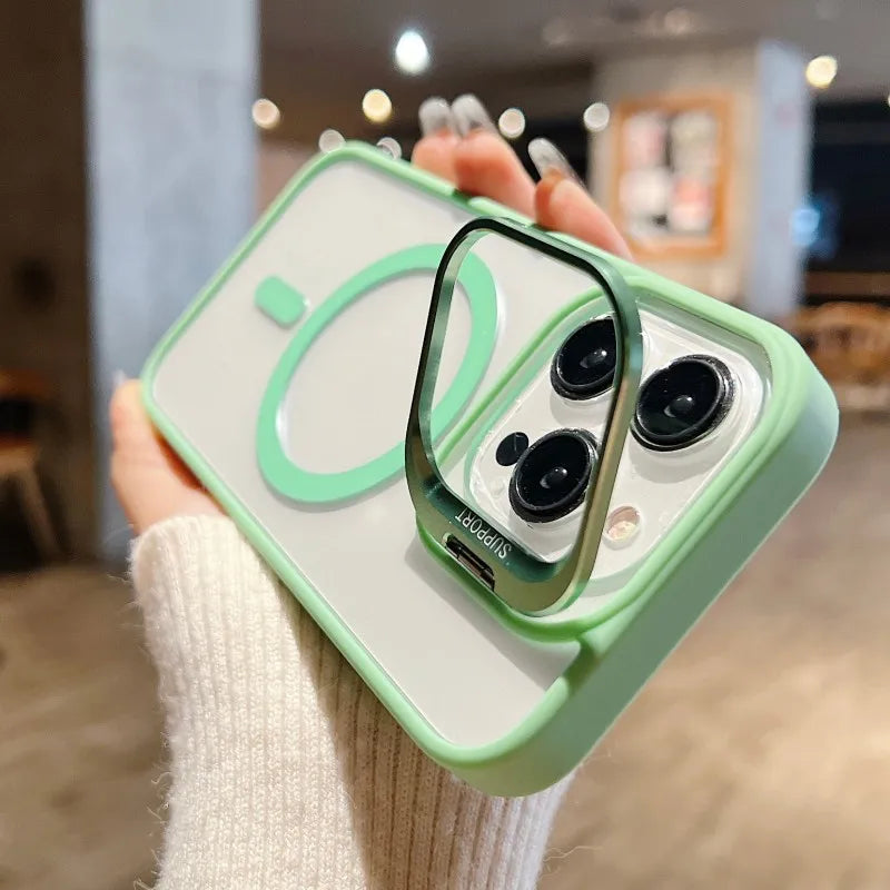 For Magsafe Stand Glass Lens Protector Case For iPhone17 16 15 14 13 11 12 Pro Max 16 Plus Luxury Magnetic Shockproof Back Cover