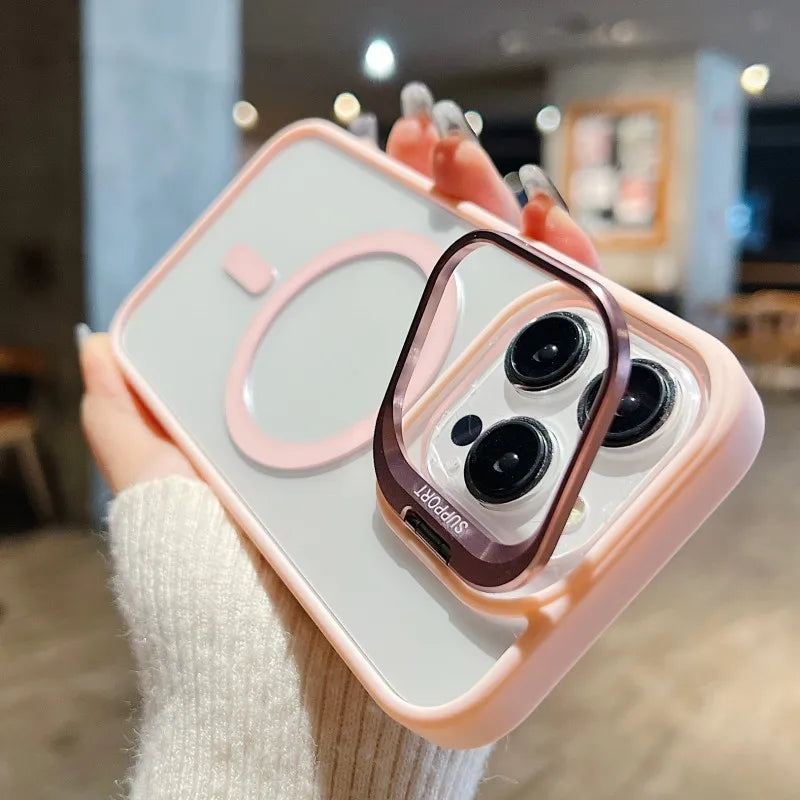 For Magsafe Stand Glass Lens Protector Case For iPhone17 16 15 14 13 11 12 Pro Max 16 Plus Luxury Magnetic Shockproof Back Cover