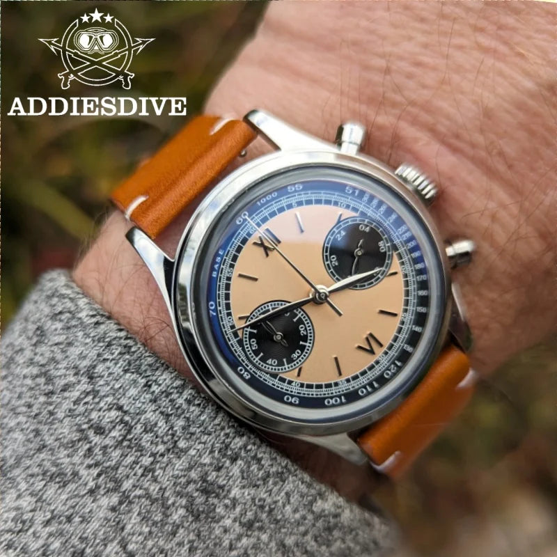 ADDIESDIVE AD2037 VK64 Multifunctional Chronograph Watch 10Bar Waterproof Mens Leather Watch Quartz Watches Reloj Hombre