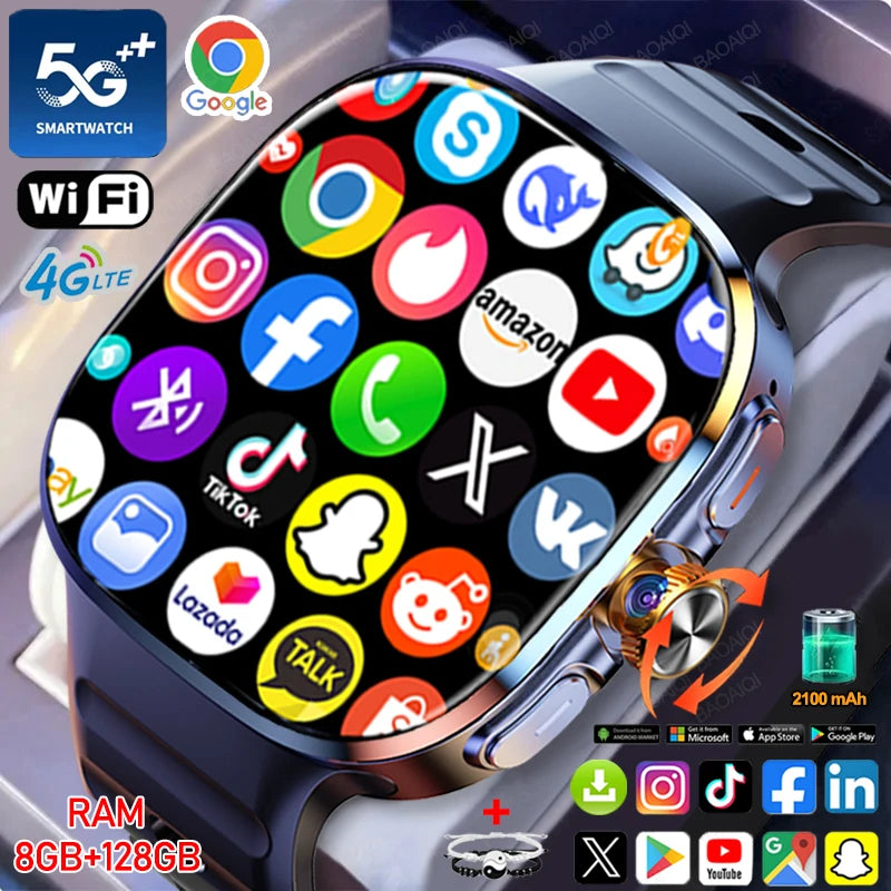 8GB+128GB RAM 5G/4G Smart Watch 2.4 inch AMOLED 2100mah Battery 900W Camera GPS WIFI Google APPS Download Smartwatch Android 10