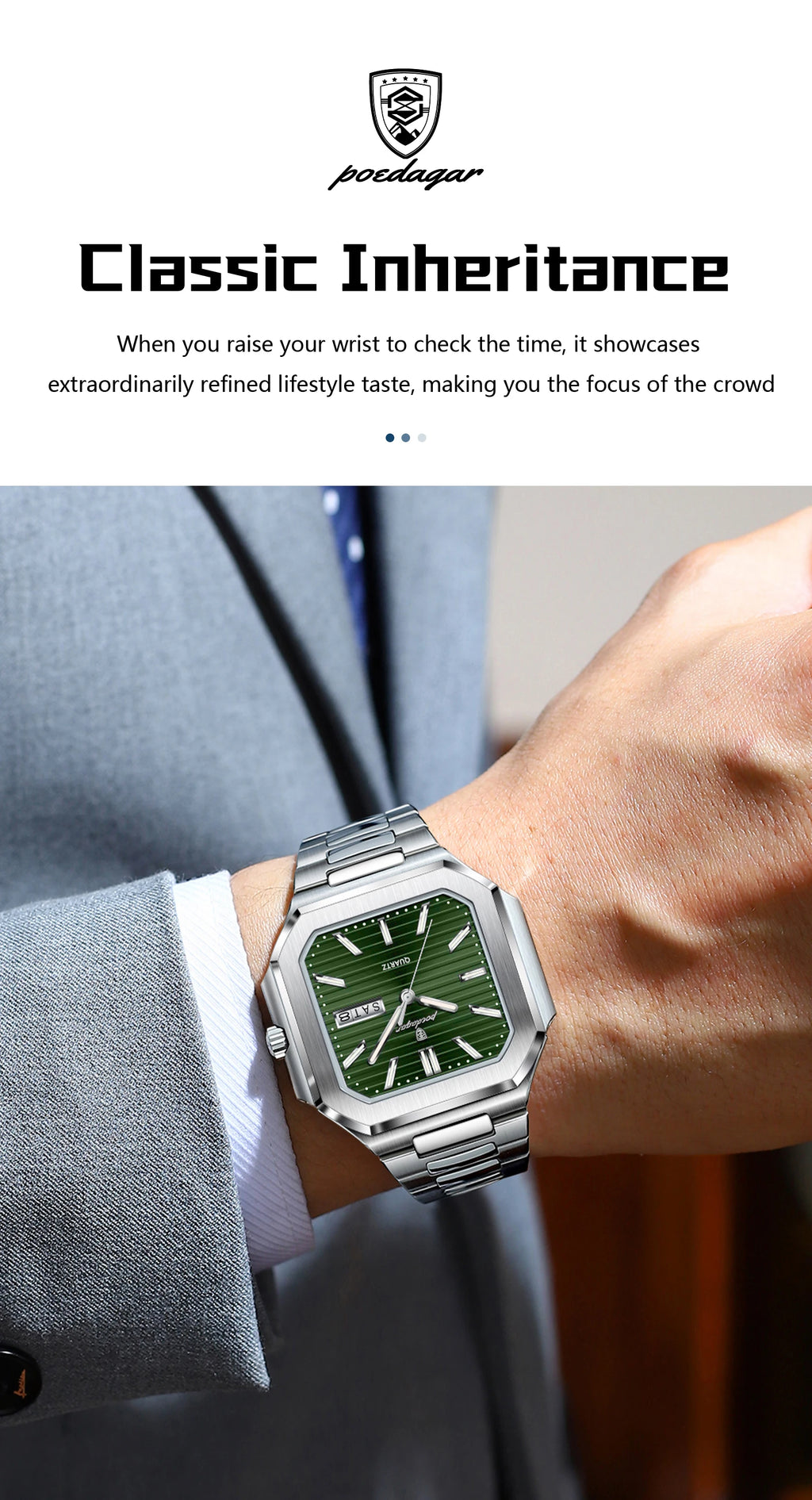 POEDAGAR Luxury Square Male Watch Waterproof Luminous Date Week Quartz Watches For Men Stainless Steel Fashion Men's Clock Reloj