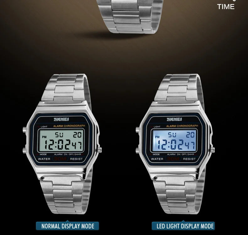 Skmei 3Bar Waterproof Digital Watch Reloj Hombre For Casual Sport 1123 Fashion Men Stainless Steel Strap LED Display Watches