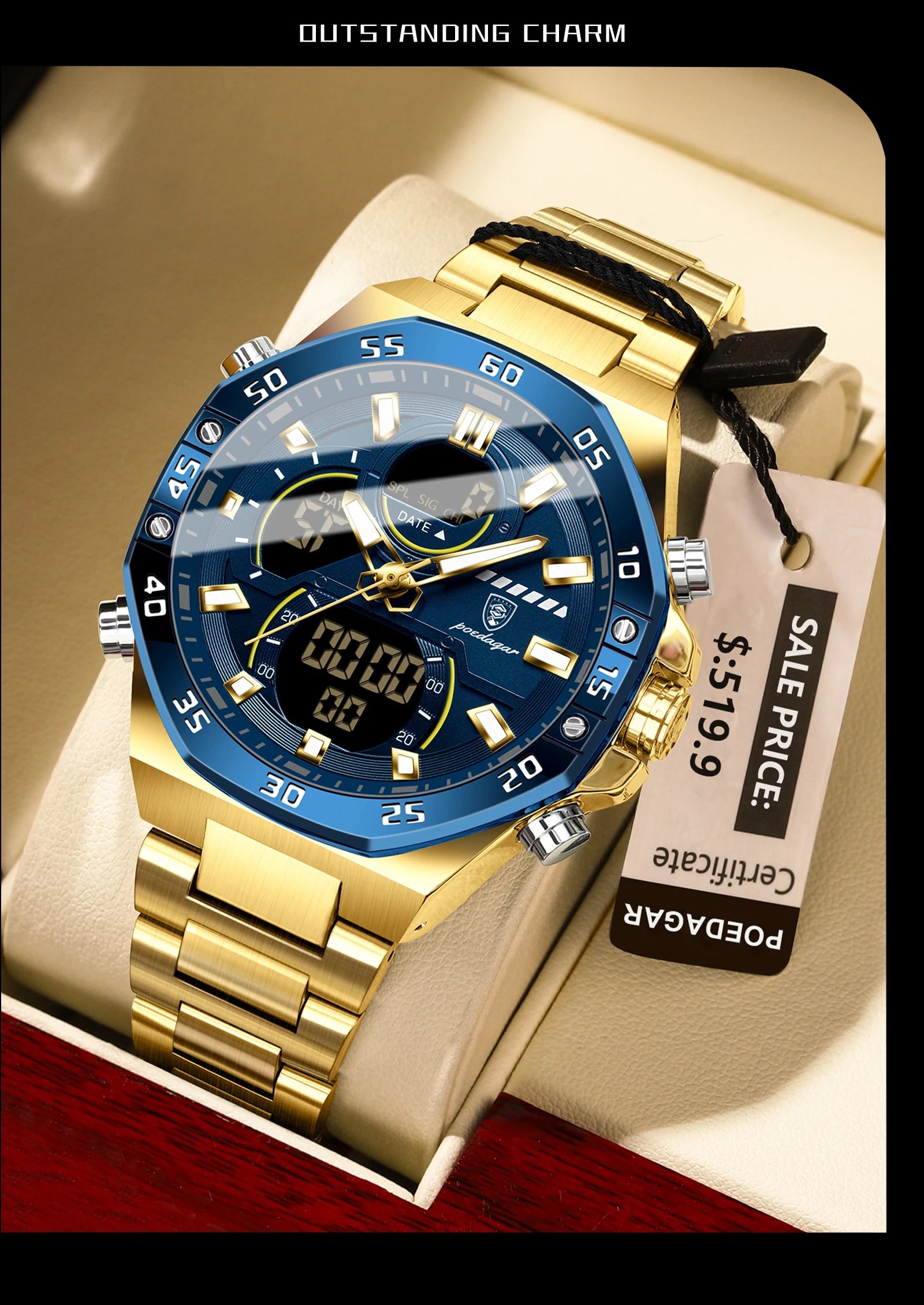 POEDAGAR Top Sport Men Clock LED Luminous Waterproof Week Date Man Watch Electronic Stainless Steel Fashion Quartz Men's Watches