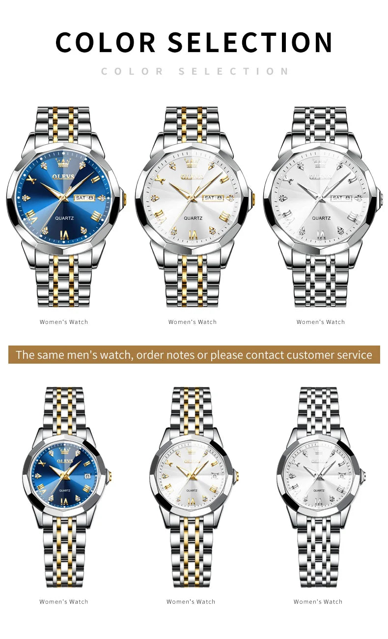 OLEVS Men's Watches Rhombus Mirror Original Quartz Watch for Man Waterproof Luminous Stainless Steel Wristwatch Male Date Week