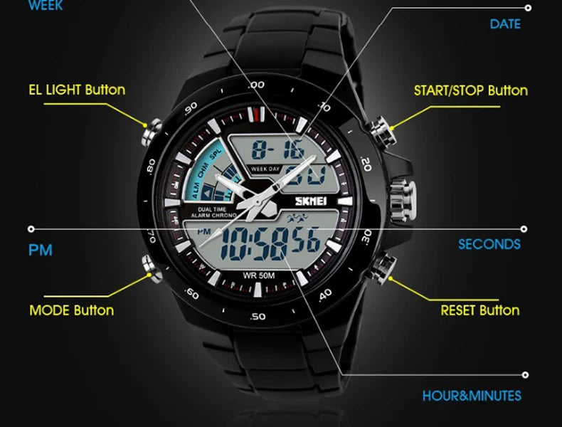SKMEI 1016 Men Fashion Casual Alarm Clock Waterproof Military Chrono Dual Display Wristwatches Relogio Masculino Sport Watch