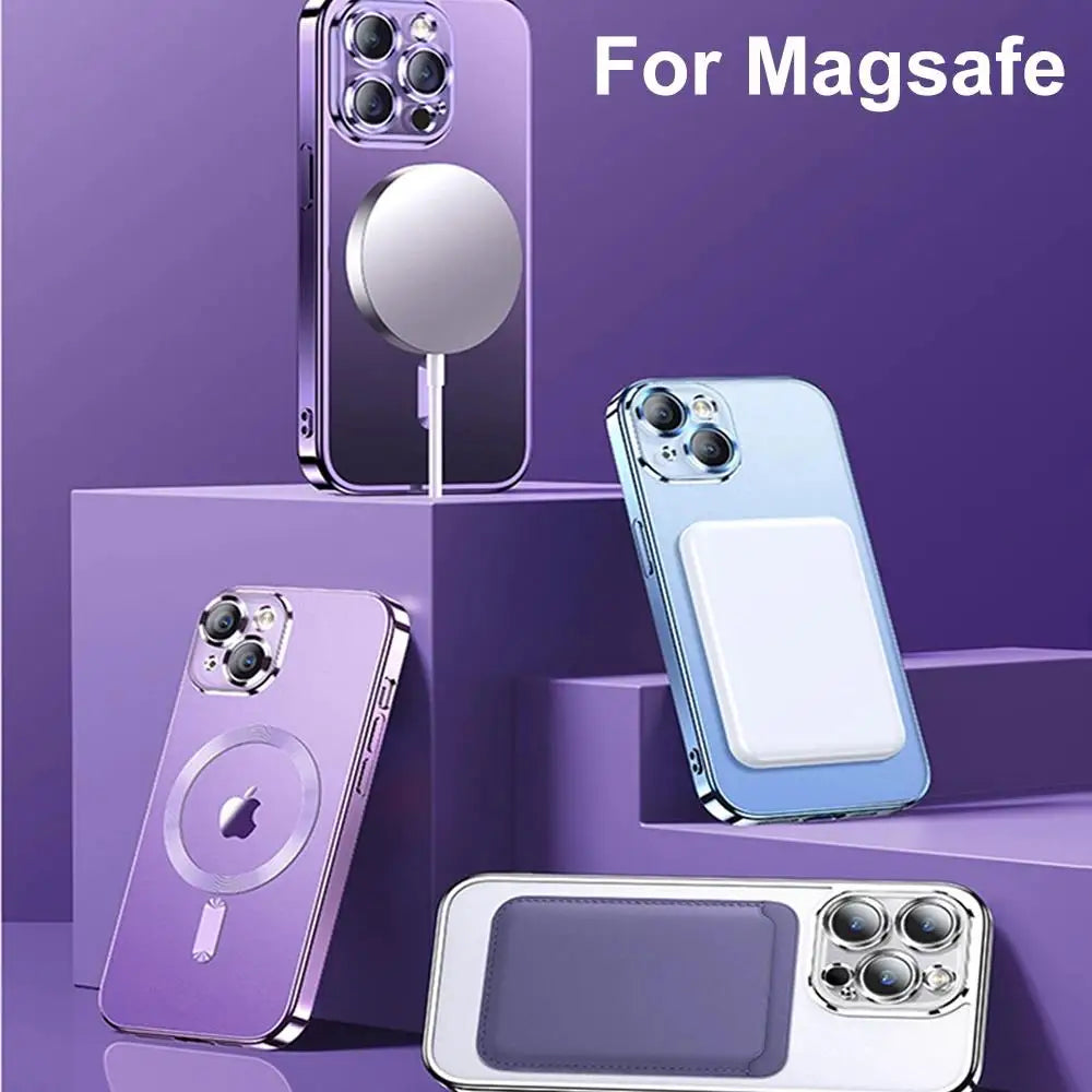 Magnetic Plating Case For iPhone 15 16 14 Plus 13 12 11 Pro Max E Camera Lens Protector Glass For Magsafe Wireless Charger Cover