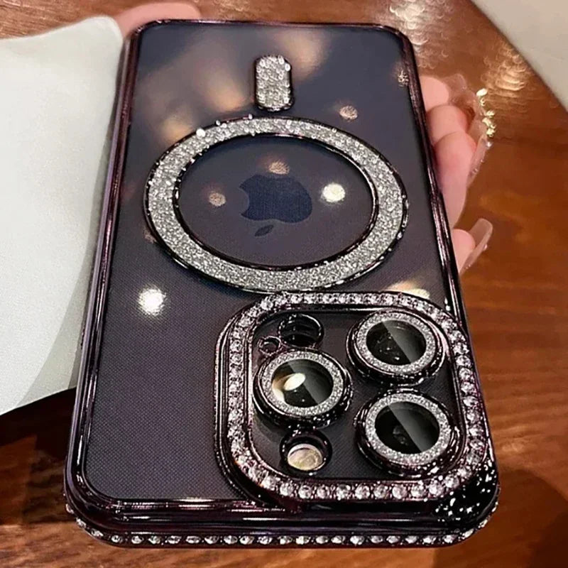 New Fashion Glitter Diamond Transparent Case For iPhone 17 16 15 14 13 11 12 Pro Max Funda Magnetic Wireless Charge Bumper Cover