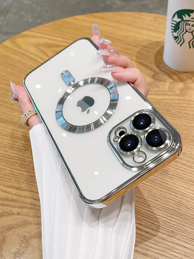 Luxury Wireless Charge Phone Case For iPhone 15 14 13 12 11 16 17 Pro Max Plus Air Transparent Magnetic Bumper Cover