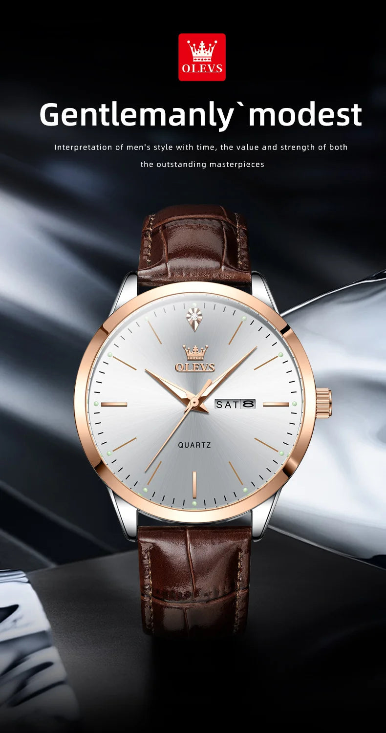 OLEVS Men's Watch Brand Business Waterproof Luminous Week Date Quartz Watch Fashion Leather Strap Classic Luxury Men's Watch