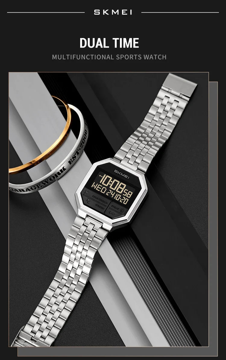 Skmei Luxury Steel Strap Digital Watches for Mens LED Light 50M Waterproof Fashion Sports Dual Time with Alarm Clock