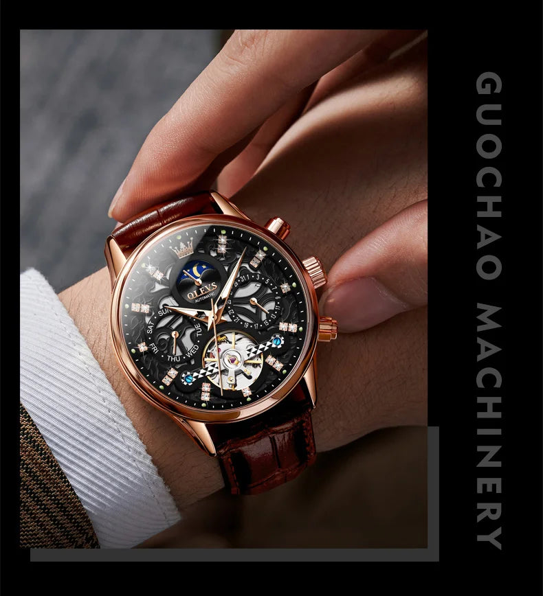 OLEVS 6658 Mens Watch Business Leather Strap Reloj  Hollow out Mechanical Automatic Wristwatch Waterproof Luminous Watch For Man