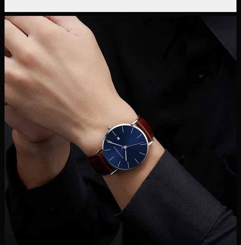 Men Dropshipping Wristwatch Hannah Martin Japan Movement 40mm Blue Minimalist Casual Leather Top Brand 3Bar Luxury Watch for Men