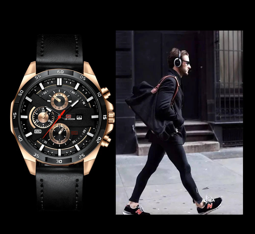 Man Sports Watches Fashion Racing Series 46mm Black Leather Clock VA VA VOOM Quartz Movement 3Bar Waterproof Wrist Watch for Men