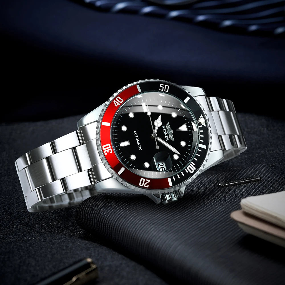WINNER Classic Mechanical Watch for Men Rotating Bezel Luminous Calendar Fashion Business Automatic Watches Stainless Steel Band