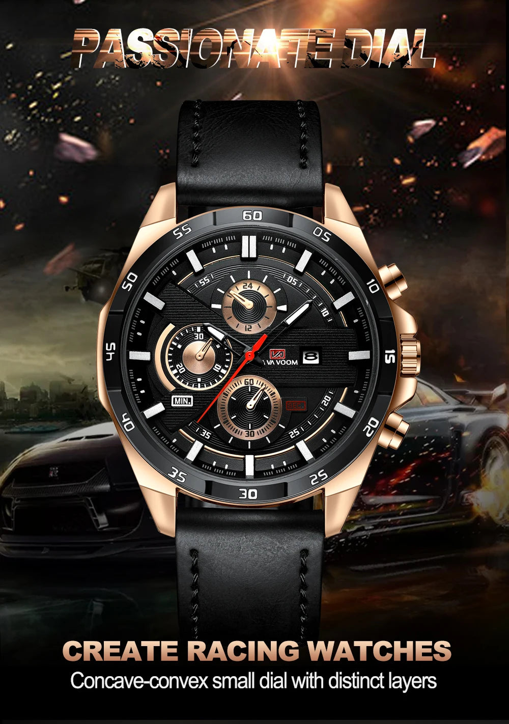 Man Sports Watches Fashion Racing Series 46mm Black Leather Clock VA VA VOOM Quartz Movement 3Bar Waterproof Wrist Watch for Men