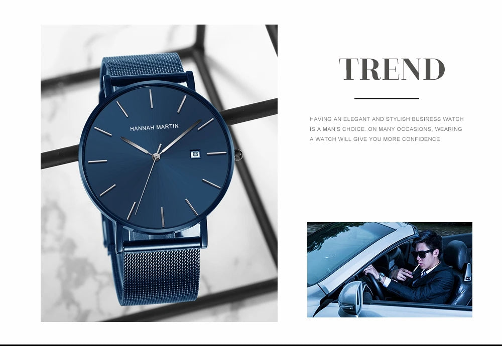 Men Dropshipping Wristwatch Hannah Martin Japan Movement 40mm Blue Minimalist Casual Leather Top Brand 3Bar Luxury Watch for Men