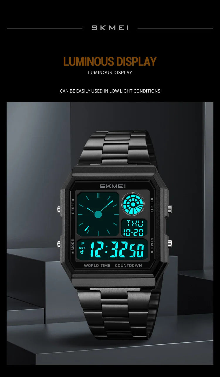 Skmei Electronics Sports Watches for Mens Classical Analog Digital Display Multiple Time Zone LED Waterproof Male 5 Alarm Clock