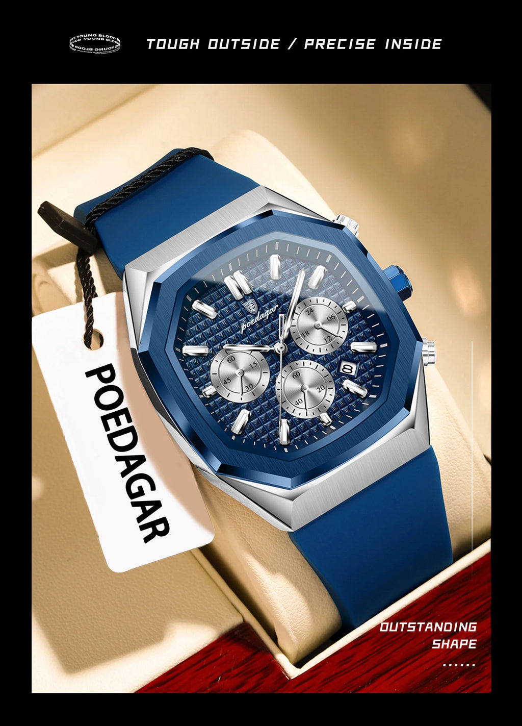 POEDAGAR Business Men's Wristwatch Chronograph Date Silicone Strap Man Watch Waterproof Luminous Military Quartz Watches For Men