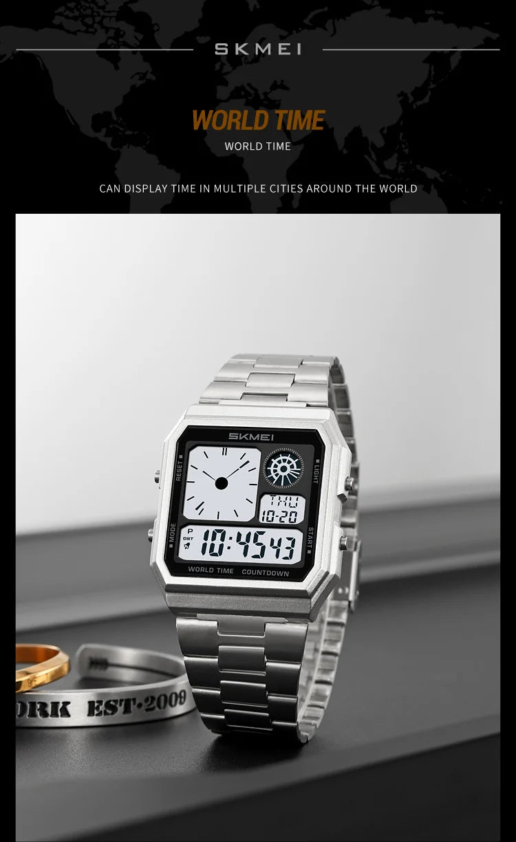 Skmei Electronics Sports Watches for Mens Classical Analog Digital Display Multiple Time Zone LED Waterproof Male 5 Alarm Clock