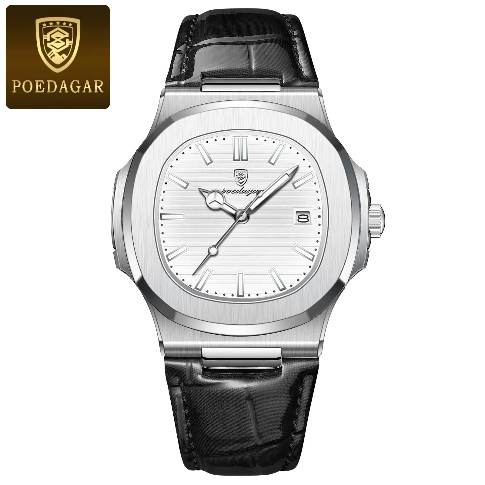 POEDAGAR Business Man Watch Date Waterproof Luminous Leather Classic Watches For Men High Quality Square Quartz Men's Wristwatch