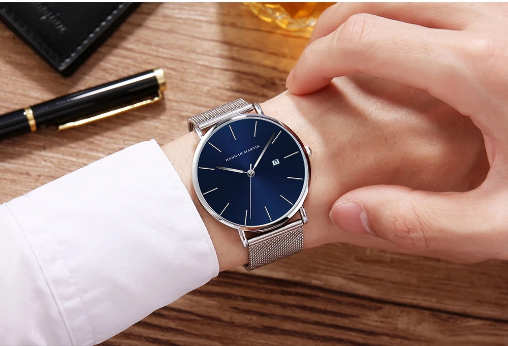 Men Dropshipping Wristwatch Hannah Martin Japan Movement 40mm Blue Minimalist Casual Leather Top Brand 3Bar Luxury Watch for Men
