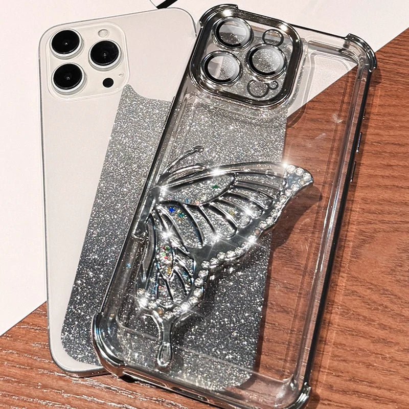 Shockproof Plating Glitter Butterfly Bracket Bracelet Case for iPhone 17 Air 16 15 14 13 12 11 17 Pro Max 16 Plus 16E Soft Cover