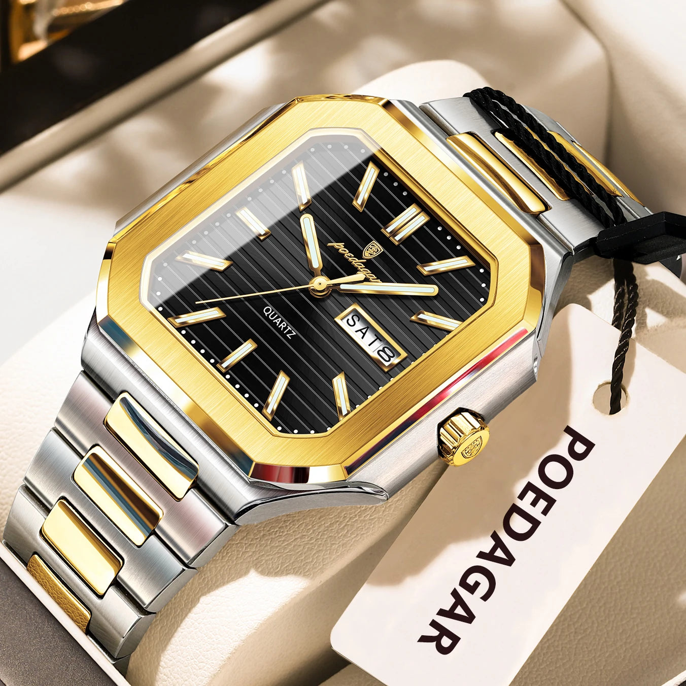 POEDAGAR Luxury Square Male Watch Waterproof Luminous Date Week Quartz Watches For Men Stainless Steel Fashion Men's Clock Reloj