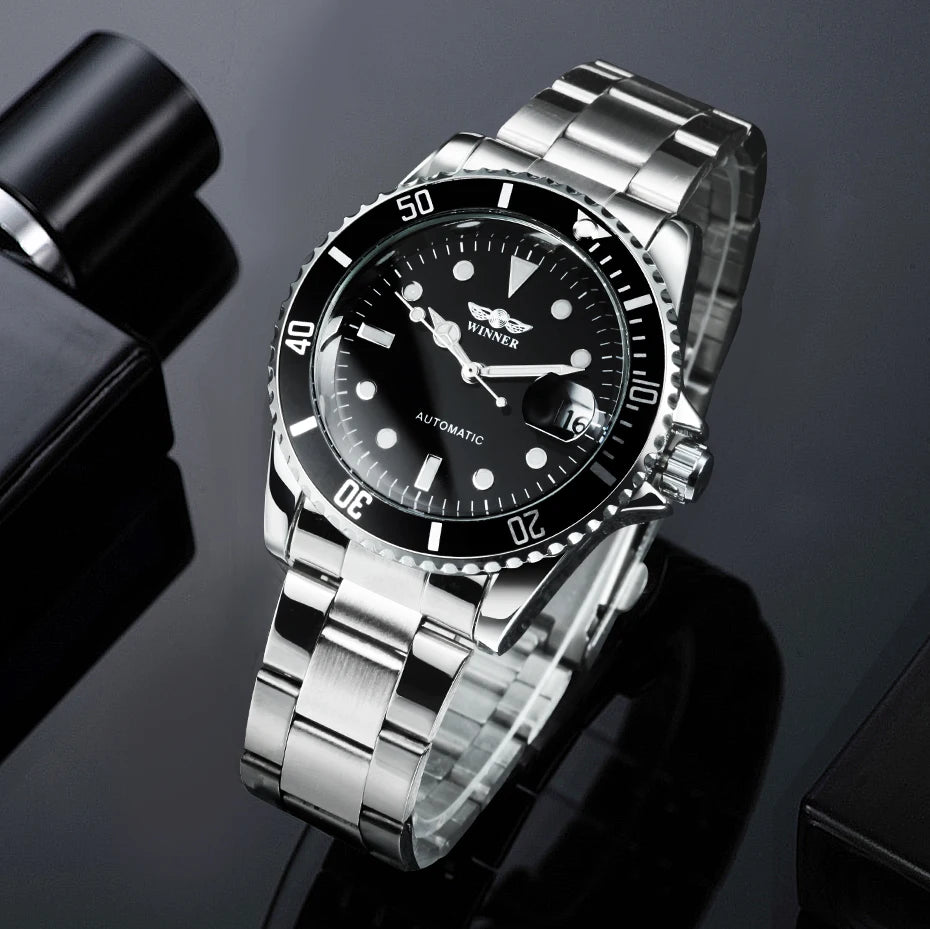 WINNER Classic Mechanical Watch for Men Rotating Bezel Luminous Calendar Fashion Business Automatic Watches Stainless Steel Band
