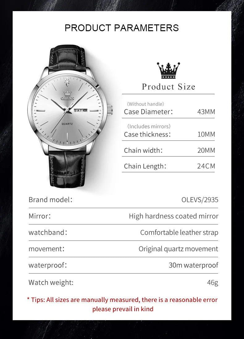 OLEVS 2935 Men's Watch Dual Calendar Waterproof Luminous Quartz Watch For Men 43mm Big Dial Leather Fashion Business Wristwatch