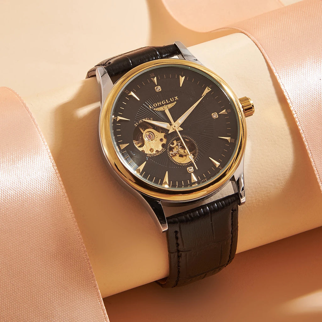 Automatic watch elegant skeleton waterproof mechanical watches leather simple rome mens watch men gift