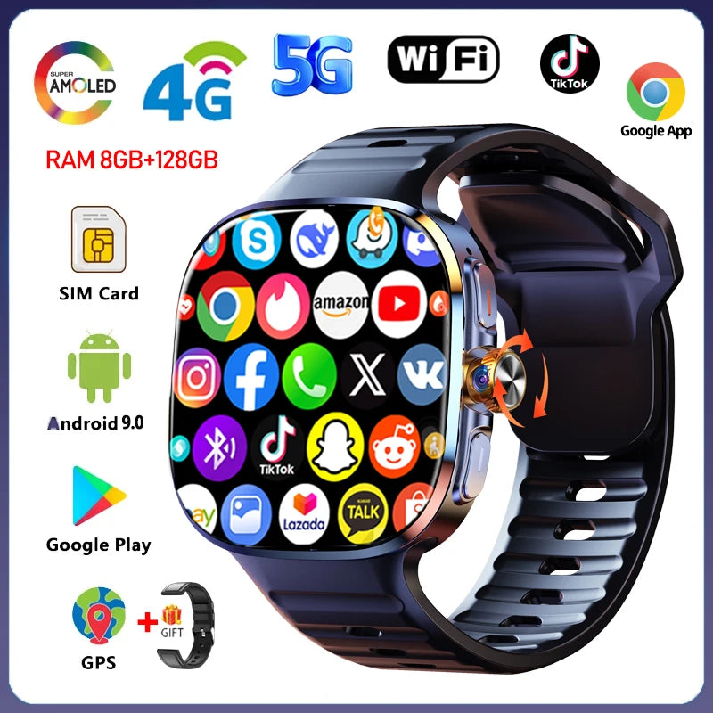 8GB+128GB RAM 5G/4G Smart Watch 2.4 inch AMOLED 2100mah Battery 900W Camera GPS WIFI Google APPS Download Smartwatch Android 10