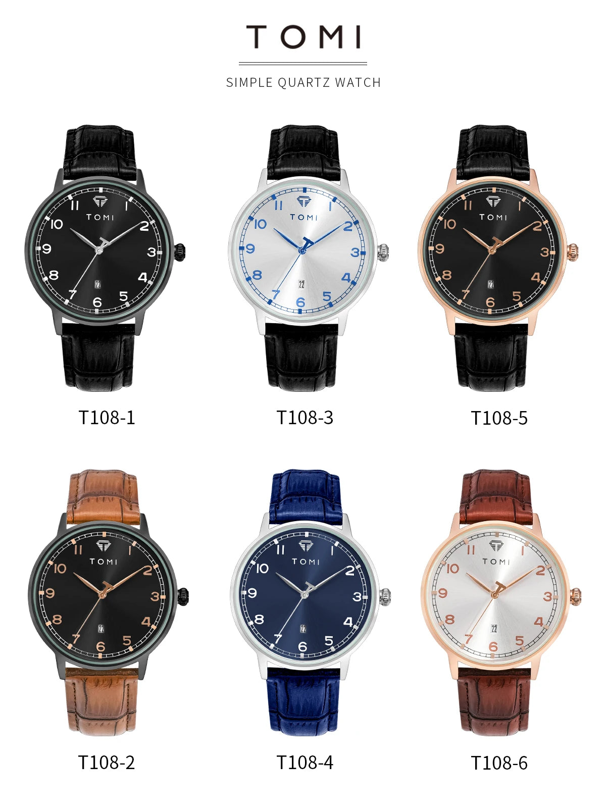 TOMI men's minimalist fashion watch circular dial calendar men's and women's casual quartz watch clock gift