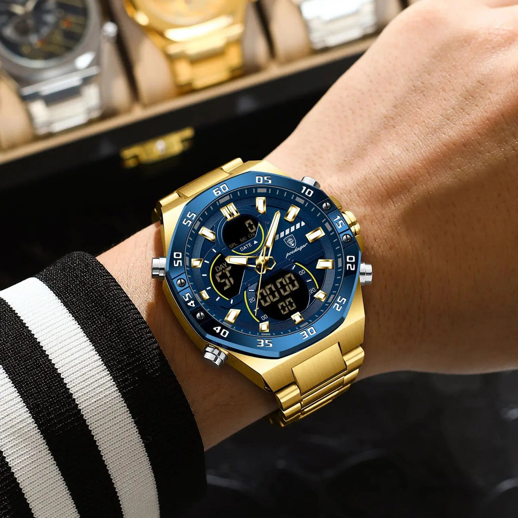 POEDAGAR Top Sport Men Clock LED Luminous Waterproof Week Date Man Watch Electronic Stainless Steel Fashion Quartz Men's Watches