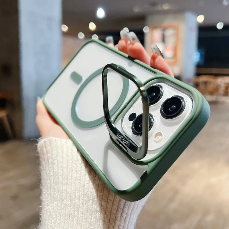 For Magsafe Stand Glass Lens Protector Case For iPhone17 16 15 14 13 11 12 Pro Max 16 Plus Luxury Magnetic Shockproof Back Cover