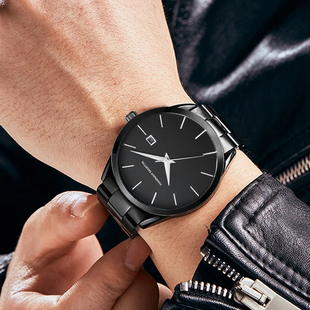 HANNAH MARTIN Men Watch 40mm Stainless Steel Quartz Fashion Business Full Black 3Bar Waterproof Sports Calendar Wristwatch reloj