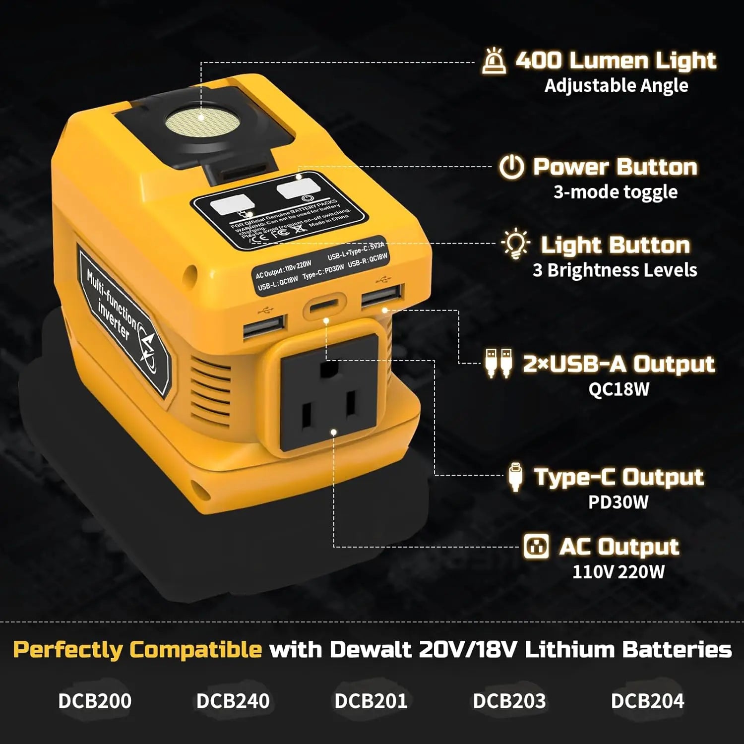 Kzreect 220W Power Inverter Compatible with Dewalt us 20V Battery, 20V to AC 110V, 4 Output & 300LM LED, Inverter for Camping