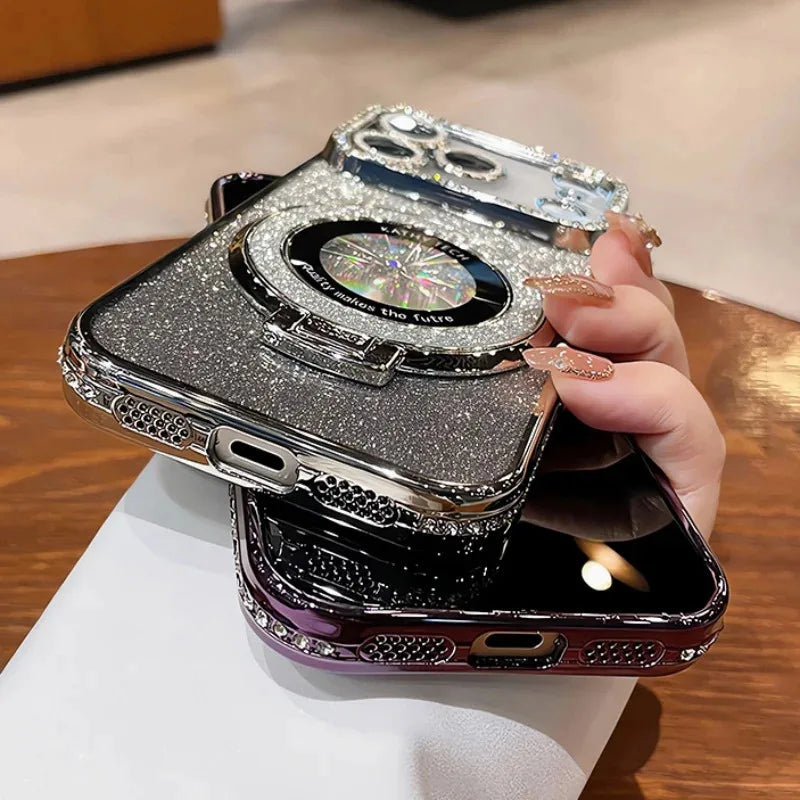 Plating transparent diamond glitter magnetic phone case for iPhone 17 16 13 14 15 Pro Max lens protection bracket back cover