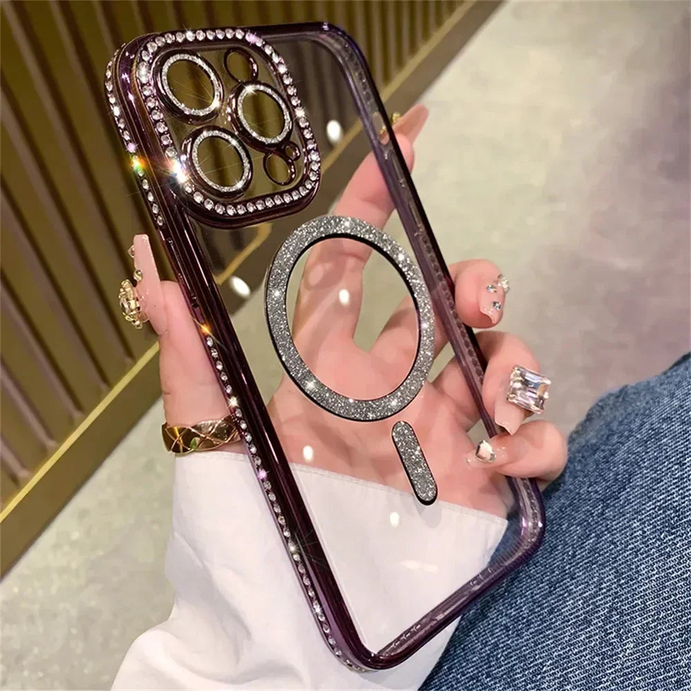 New Fashion Glitter Diamond Transparent Case For iPhone 17 16 15 14 13 11 12 Pro Max Funda Magnetic Wireless Charge Bumper Cover