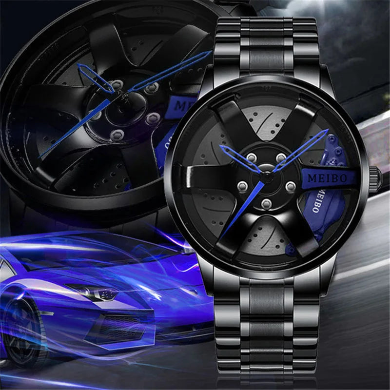 New Fashion Men Leather Watches Men Car Wheel Hub Stainless Steel Quartz Watch For Mens Military Sports Watch Relogio Masculino