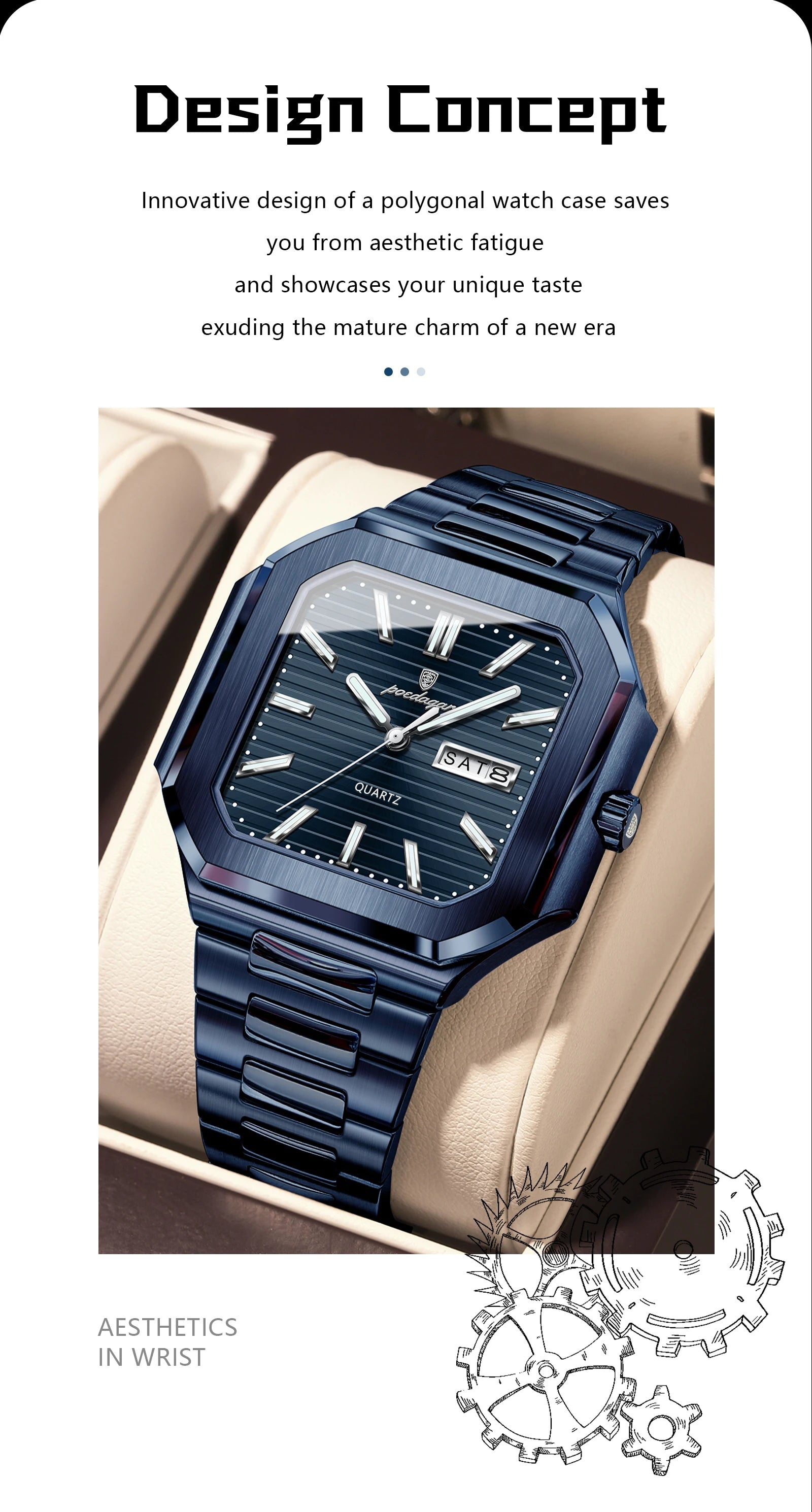 POEDAGAR Top Luxury Brand Male Watch Waterproof Luminous Date Week Quartz Men's Watches Stainless Steel Fashion Square Men Watch