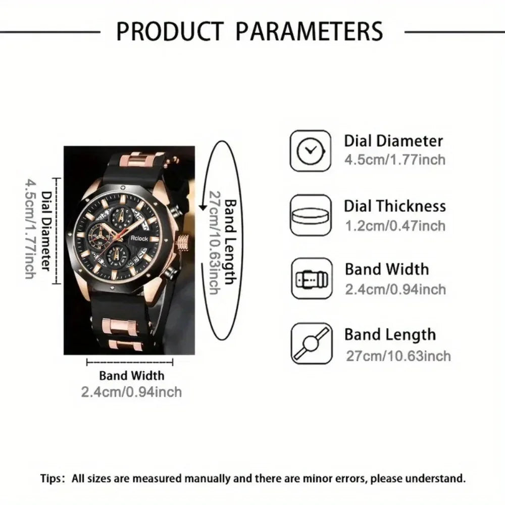 [Fashion Men's Quartz Watch ] 2pcs Casual Sports Men Watch Silicone Strap, Calendar Display, Ideal Men's Valentine's Day,