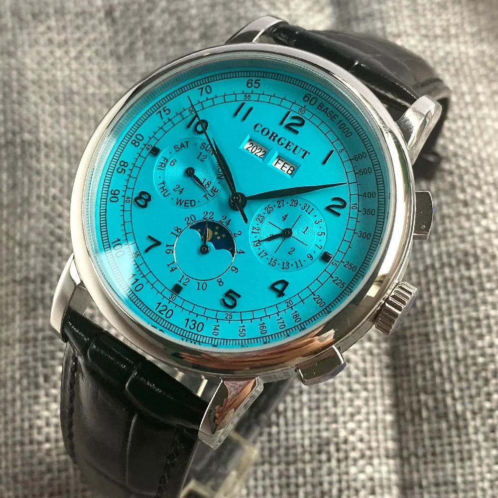 Corgeut 42mm Automatic Men's Watch Date Day Month Year Salmon Dial Multifunction 316L Leather Strap Polished Case Day Night