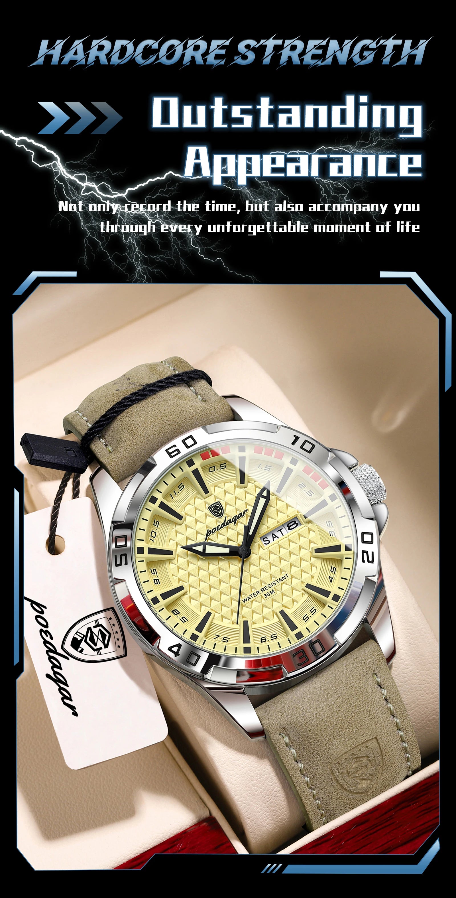 POEDAGAR Top Casual Sports Men Watch Waterproof Luminous Date Week Fashion Watch For Man Leather Classic Men's Quartz Wristwatch
