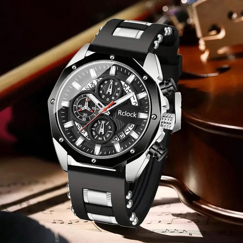 [Fashion Men's Quartz Watch ] 2pcs Casual Sports Men Watch Silicone Strap, Calendar Display, Ideal Men's Valentine's Day,