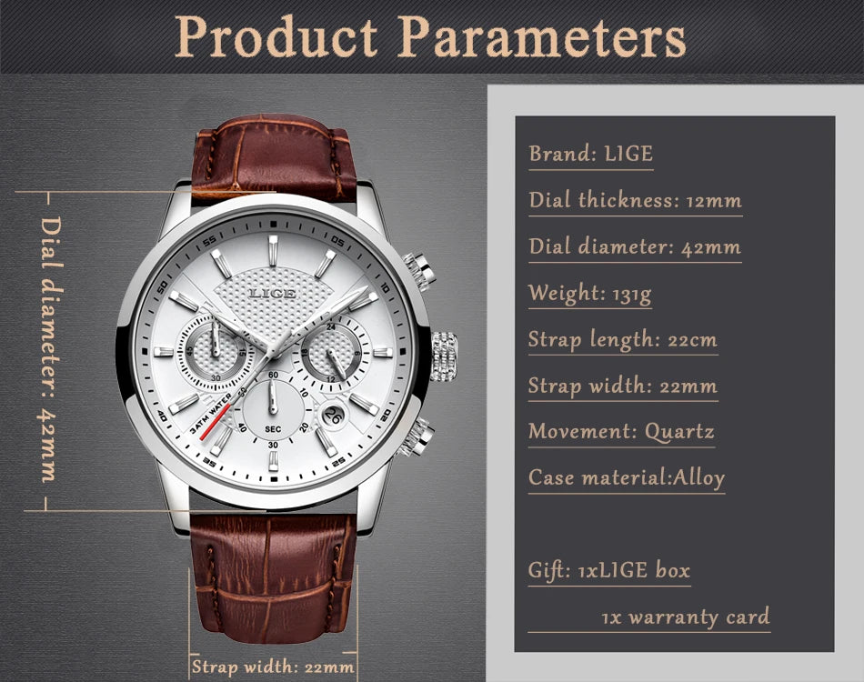 LIGE New Brown Leather Watch for Men Fashion Top Brand Luxury Men's Quartz Wristwatches Casual Waterproof Luminous Chronograph