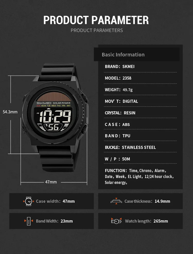 SKMEI Solar Energy Digital Sports Electronic Watches For Men Fashion Casual 5Bar Waterproof Chrono Wristwatch Clock Reloj Hombre