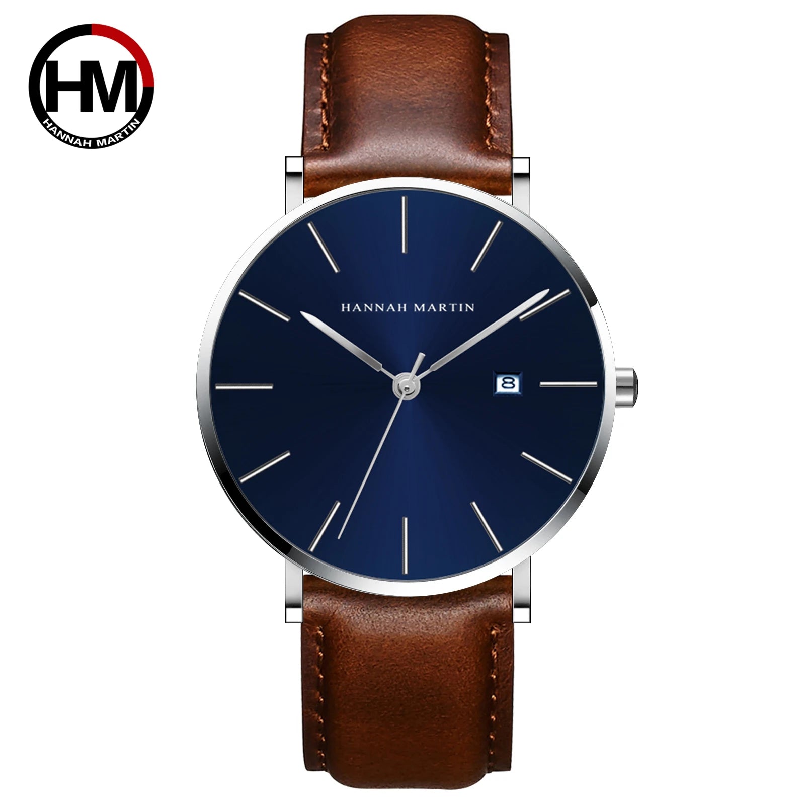 Men Dropshipping Wristwatch Hannah Martin Japan Movement 40mm Blue Minimalist Casual Leather Top Brand 3Bar Luxury Watch for Men