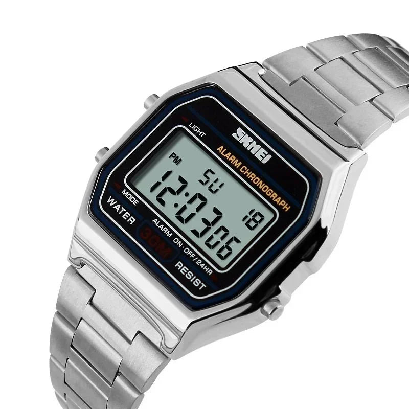 Skmei 3Bar Waterproof Digital Watch Reloj Hombre For Casual Sport 1123 Fashion Men Stainless Steel Strap LED Display Watches
