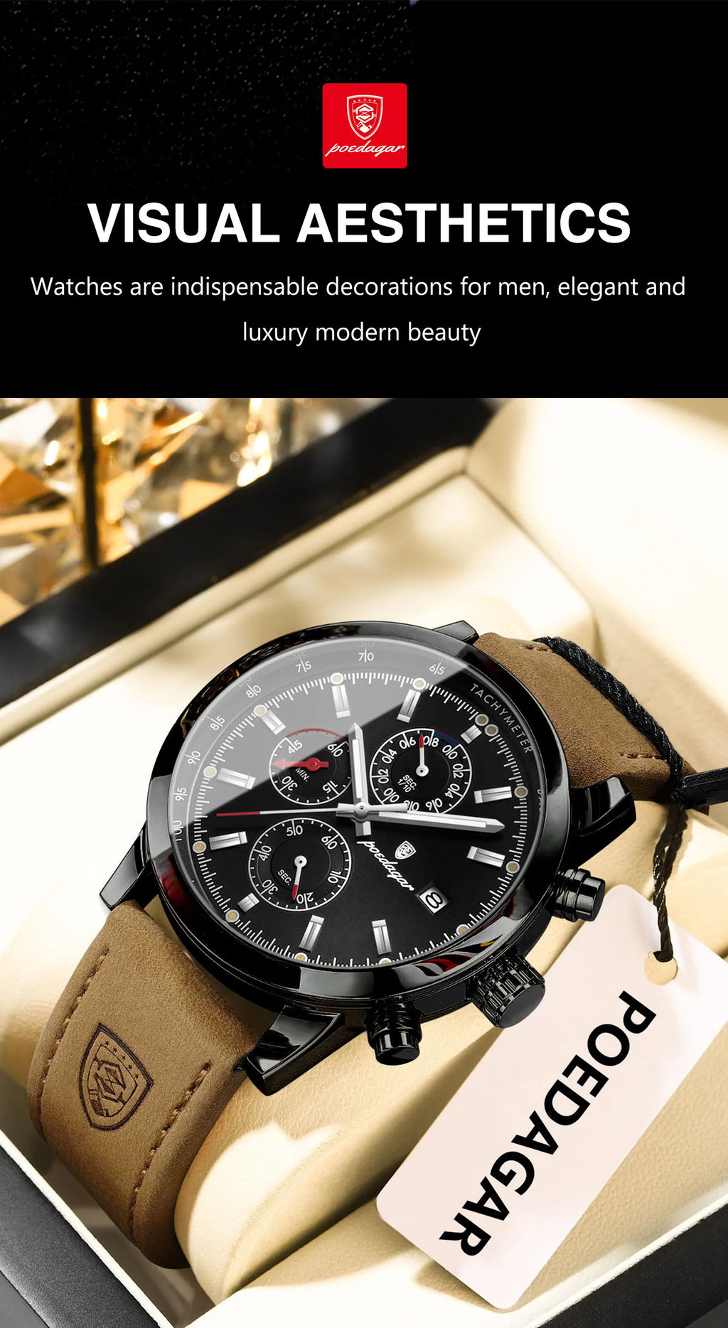 POEDAGAR Fashion Quartz Men's Watch Waterproof Luminous Chronograph Date Leather Man Watch Luxury Business Watches For Men Reloj