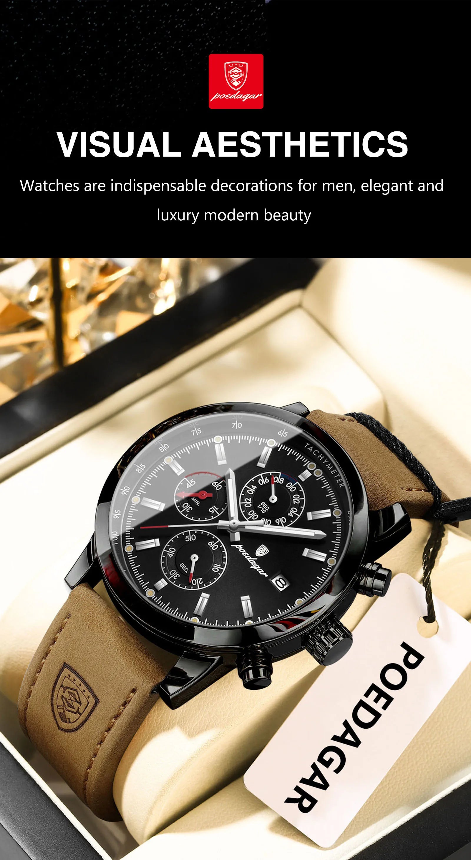 POEDAGAR Fashion Quartz Men's Watch Waterproof Luminous Chronograph Date Leather Man Watch Luxury Business Watches For Men Reloj